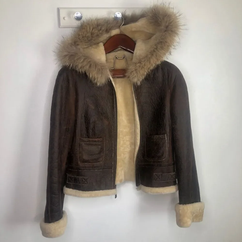 Blue Duck Leather Real Fur Bomber Coat Jacket M Brown Trim Medium - Picture 2 of 10